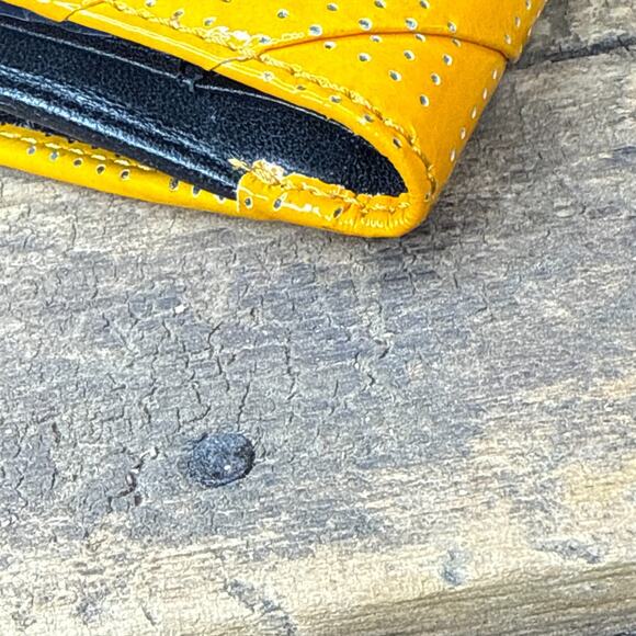 Lodis Mustard Yellow Patent Leather Wallet Perforated Bifold Zip Coin Pocket - Picture 7 of 11